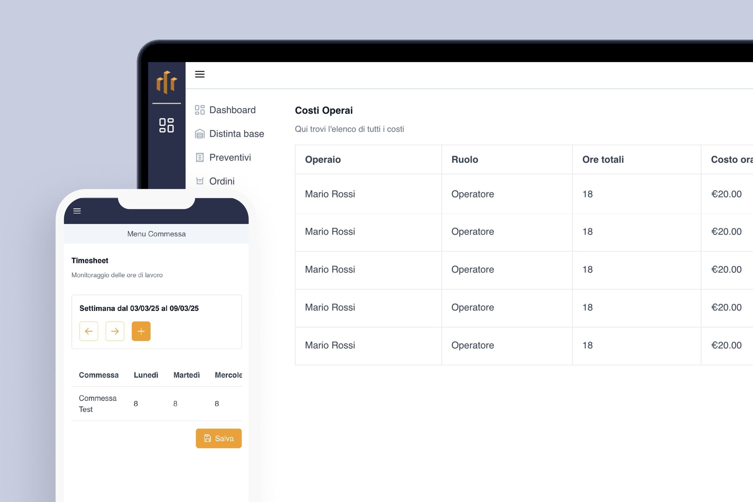 Controllo dei costi operai e dei timesheet su desktop e mobile: ore, ruoli e costo orario del personale sempre allineati